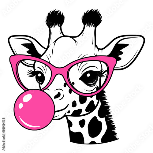 Cute Giraffe Head Wearing Stylish Pink Glasses And Blowing A Bubble Gum Bubble, Adorable Animal Character Silhouette For Nursery Decor
