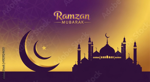 Ramzan mubarak greeting card with mosque silhouette at sunset crescent moon and star on purple background