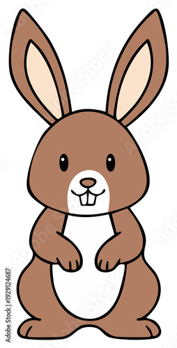 Adorable cartoon brown bunny rabbit standing upright with large ears and buck teeth smiling