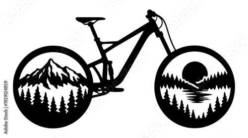 Creative Mountain Bike Silhouette With Double Exposure Scenic Landscape Of Peaks Forests And Sunset Inside The Wheels, Outdoor Adventure Cycling Art