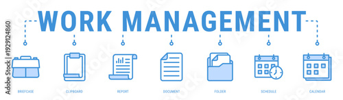 Work Management web banner icon vector illustration with Briefcase, Clipboard, Report, Document, Folder, Schedule and Calendar