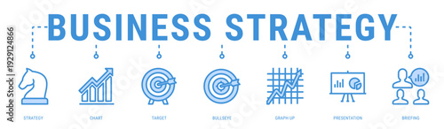 Business Strategy web banner icon vector illustration featuring Strategy, Chart, Target, Bullseye, Graph Up, Presentation and Briefing