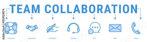 Team Collaboration web banner icon vector illustration featuring Teamwork, Handshake, Agreement, Support, Chat, Email and Phone