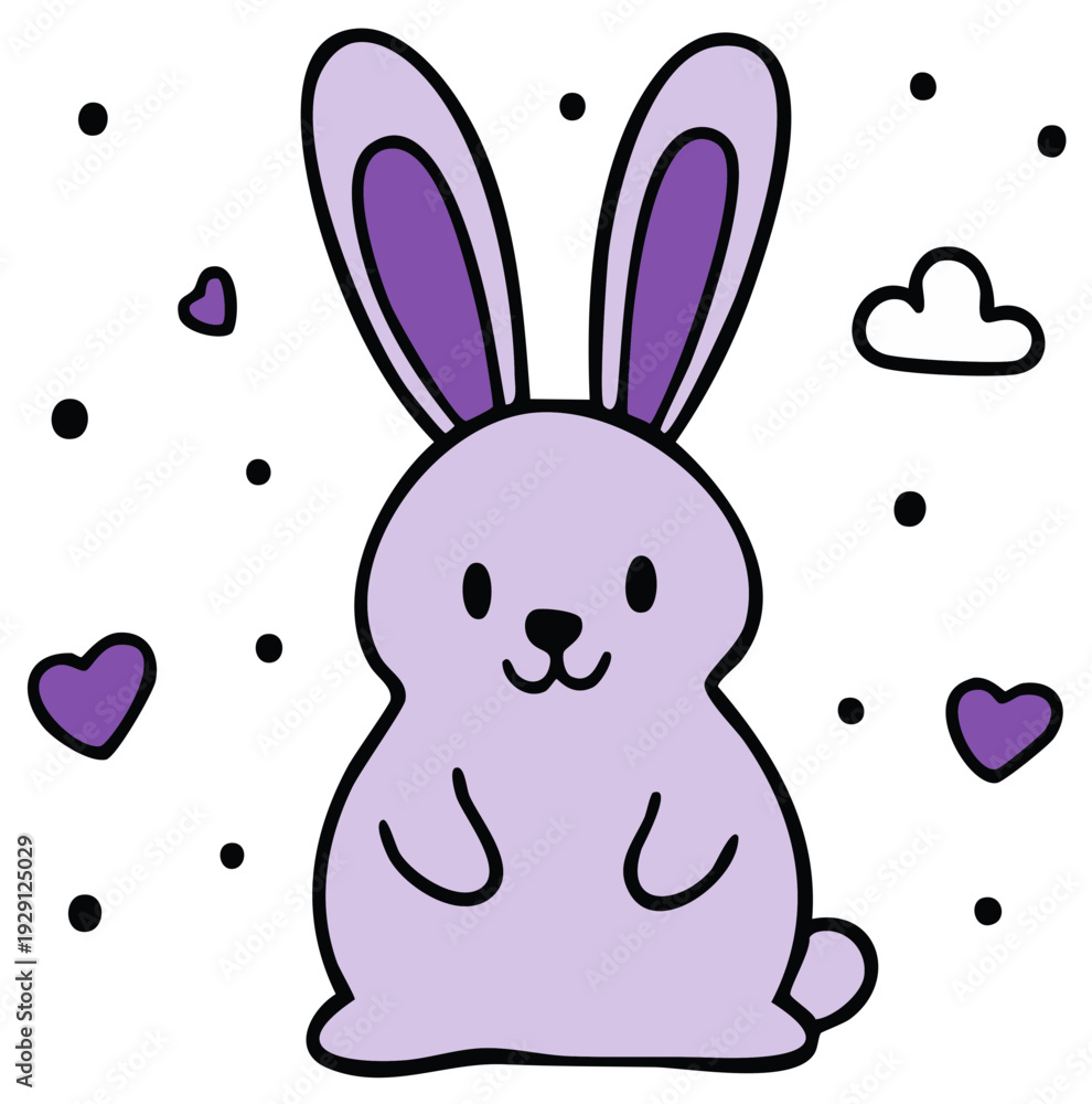 Obraz premium Cute cartoon purple rabbit with large ears surrounded by hearts and dots in a whimsical illustration