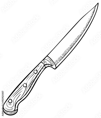 Hand drawn illustration of a sharp kitchen knife with a wooden handle, perfect for food preparation