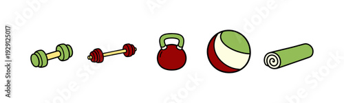 Colorful cartoon fitness equipment for healthy workout routines