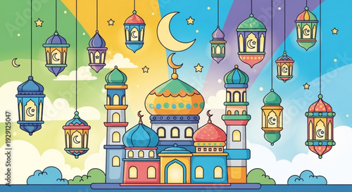 Vibrant mosque with colorful domes and lanterns under a crescent moon and stars in a rainbow sky