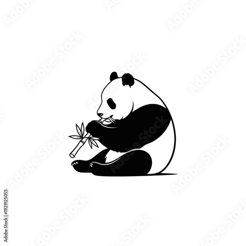 Giant Panda Eating Bamboo, Bold Black and White Illustration