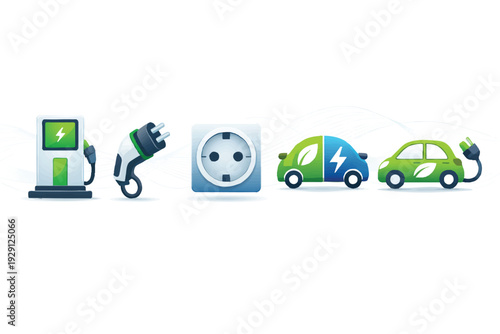 Electric Vehicle Charging Infrastructure and Green Energy Concept Icons - vector icons