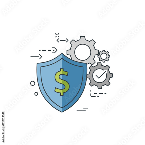 Financial security shield with gears and data flow illustration