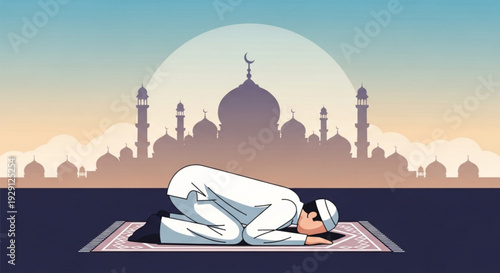 Man in white praying on a mat in front of a mosque at sunset with a serene sky