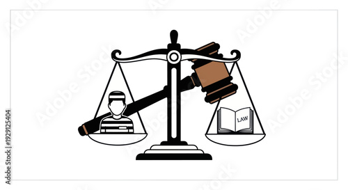 Justice scales weighing prisoner and law with gavel icon