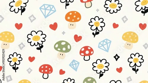 Seamless pattern with flowers, mushrooms, hearts, and jewels in a whimsical design on a motion background