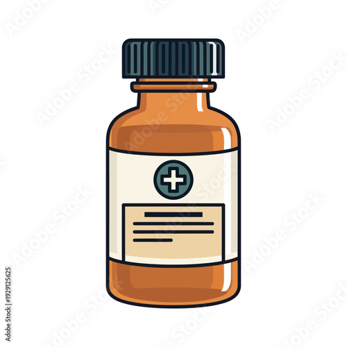 Amber medicine bottle with medical cross on white label