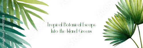 Watercolor tropical banner with lush palm leaves and jungle foliage creating a vibrant summer border perfect for beach-themed designs and botanical templates.