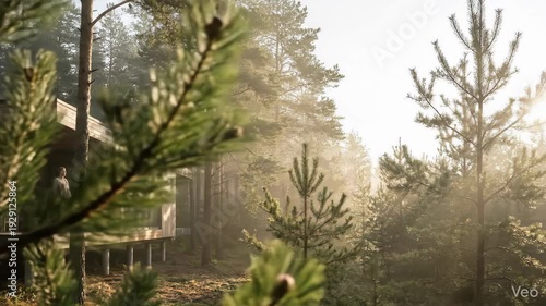 Cabin in forest at sunrise with sun rays and large copy space, web