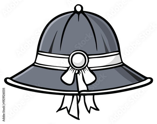 Cartoon illustration of a Grey Pith Helmet with Ribbon and Decorative Button Isolated