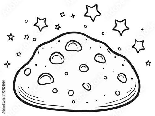Cartoon-style illustration of a planet or asteroid with stars, black and white.