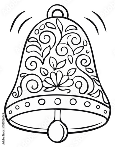 Ornate decorative bell with floral patterns and ringing sound waves hand drawn illustration