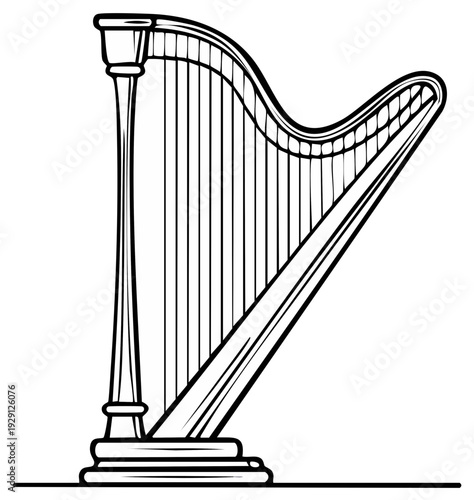 Elegant Outlined Harp Illustration for Music Education and Classical Culture Designs with Stringed Instrument Theme