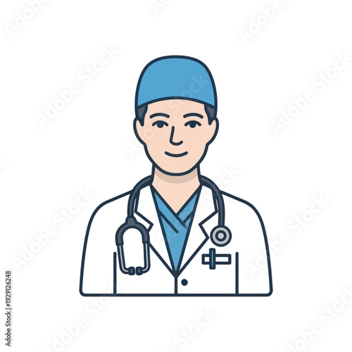Smiling male doctor in scrub cap and lab coat with stethoscope