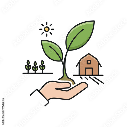 Hand nurturing plant with seedlings, sun and farm house icon.