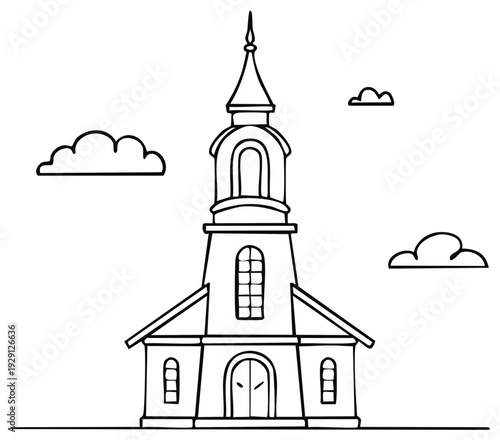 Simple cartoon church building with steeple and clouds isolated line drawing