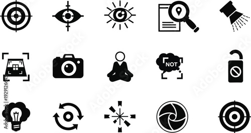 Collection of photography and targeting icons in black and white