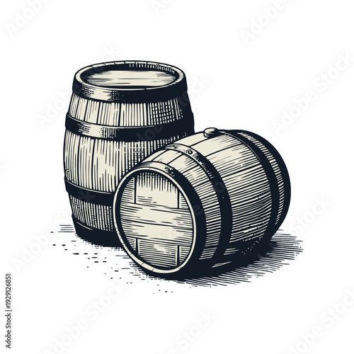 Vintage Wood Barrels Engraving Style Illustration for Wine, Beer, and Spirit Storage