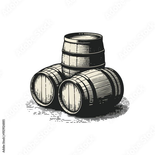 Three Traditional Wooden Barrels in Vintage Woodcut Style Illustration