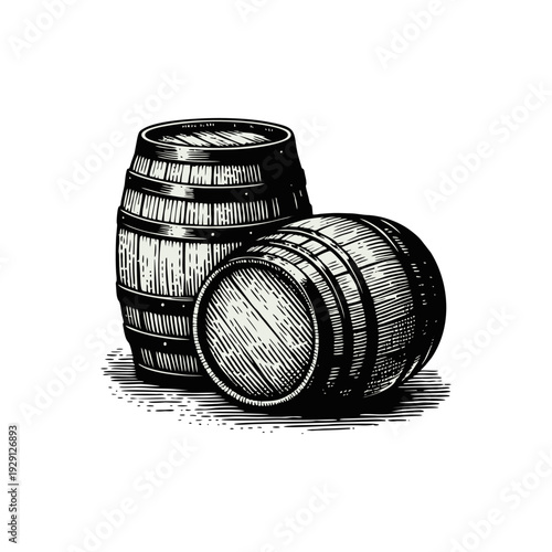 Two Wooden Barrels, One Upright and One Lying, in Hand-Drawn Engraving Style