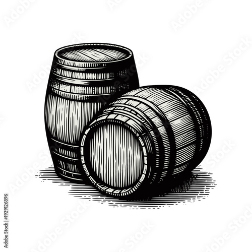 Black and White Woodcut Illustration of Two Wooden Barrels
