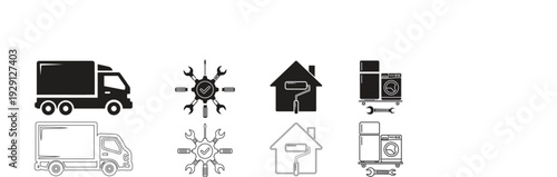 Collection of truck and house icons with various line styles