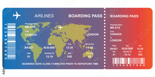 Airline ticket design. Airplane boarding pass with passenger name and destination. Travel, trip or business trip concept.