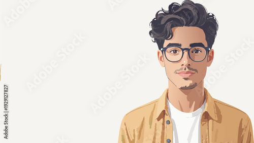 Young man with glasses portrait in modern flat vector style, stylish male character with curly hair and casual outfit isolated on light background, contemporary avatar illustration.