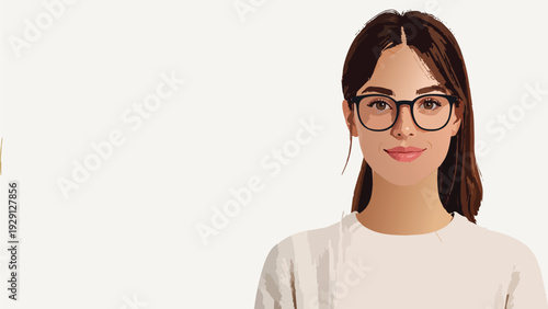 Confident young woman with glasses portrait, modern flat vector illustration of smiling female professional isolated on light background, minimalist avatar design.