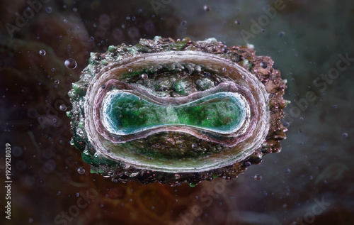 Billede på lærred Molluscum contagiosum virion cross-section revealing internal poxvirus architecture, DNA core, protein envelope