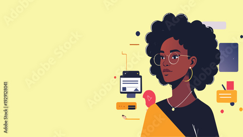 Modern confident African woman with afro hairstyle and glasses working in digital environment, flat vector illustration with technology icons, creative professional portrait design.