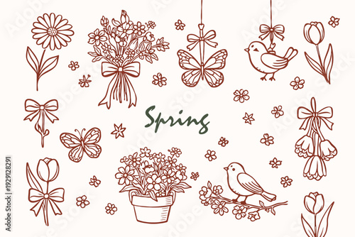 A charming hand-drawn illustration featuring various spring-themed elements like flowers, birds, and butterflies, perfect for seasonal decorations.