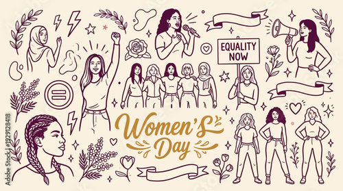 A vibrant illustration celebrating International Women's Day with diverse women, symbols of empowerment, and messages of equality.