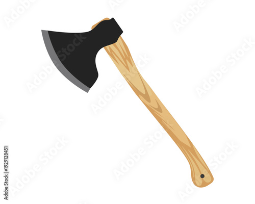 Wood cutting axe with wooden handle and steel blade isolated