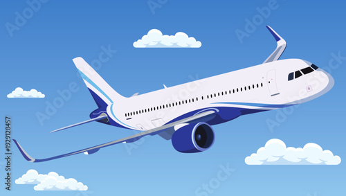 Commercial passenger airplane flying in blue sky with clouds