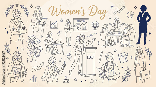 A collection of hand-drawn illustrations depicting women in various professional settings, celebrating International Women's Day.