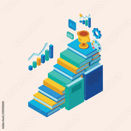 Isometric concept of an educational journey, where a staircase of books leads to success, symbolizing continuous learning, technological advancement, and creative achievement in the digital age