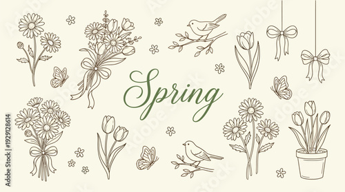 A charming hand-drawn illustration featuring various spring elements like flowers, birds, butterflies, and bows, with the word "Spring" elegantly scripted in the center.