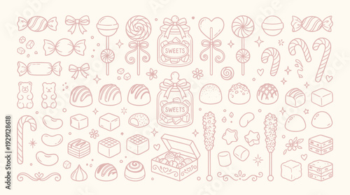 A charming collection of hand-drawn confectionery and sweets, featuring an assortment of candies, chocolates, lollipops, and gummy bears in a delightful pink outline style.