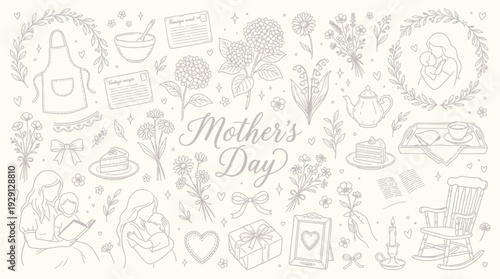 A charming collection of hand-drawn illustrations celebrating Mother's Day, featuring baking, flowers, gifts, and tender moments between mothers and children.