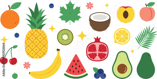 Colorful Tropical Fruit Vector Illustration Set with Pineapple Banana Watermelon Avocado Citrus and Berry Collection