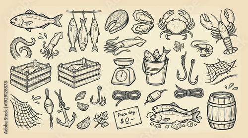 A charming hand-drawn illustration depicting a bountiful collection of fresh seafood and fishing-related items, presented in a vintage style.