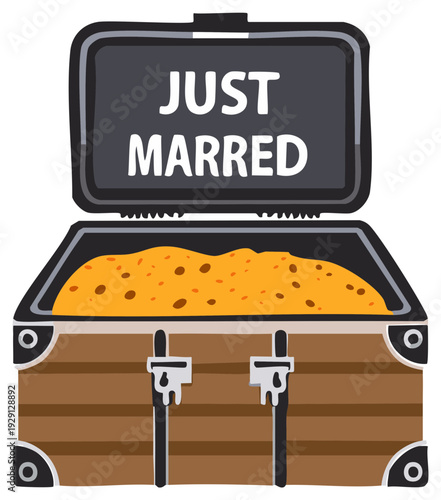 Illustration of a trunk with a JUST MARRIED sign and treasure.